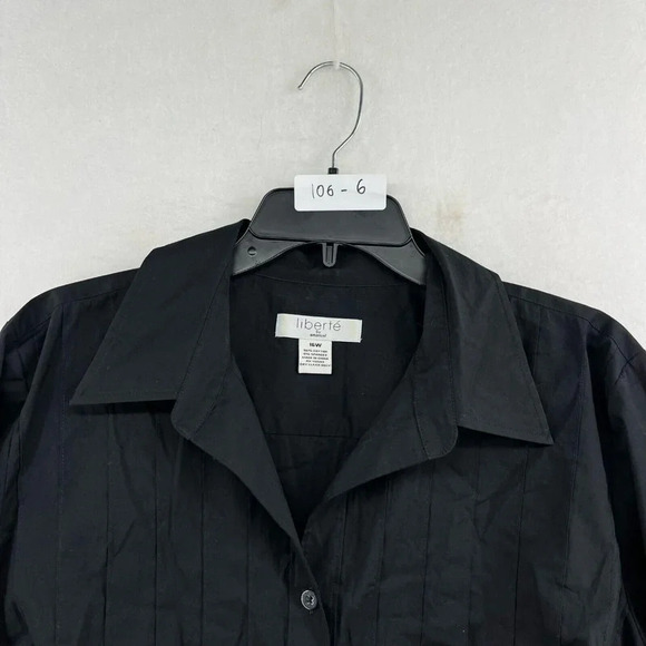 Liberte Button-Up Shirt Women's Sz 16W Black Plain Pleated Collared Stretch - Picture 11 of 11